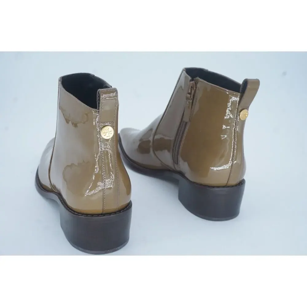 Tory Burch Brown Patent Zip Ankle Booties SZ 8 Lug Logo $428